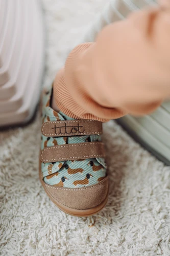 Detale wzoru jamników w bułkach i skórzanych pasków w butach Hot Doggy.