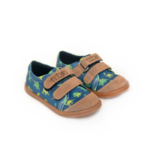 Granatowe tenisówki dziecięce Navy Dino w dinozaury z brązowymi detalami i gumową podeszwą.
